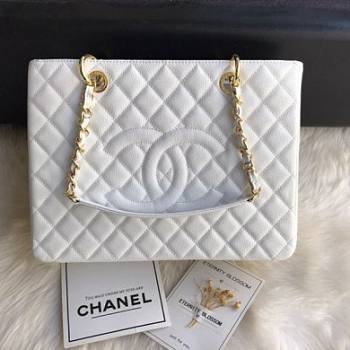Chanel Shopping Bag 34 White Grained Calfskin Gold Chain