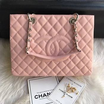 Chanel Shopping Bag 34 Pink Grained Calfskin Silver Chain