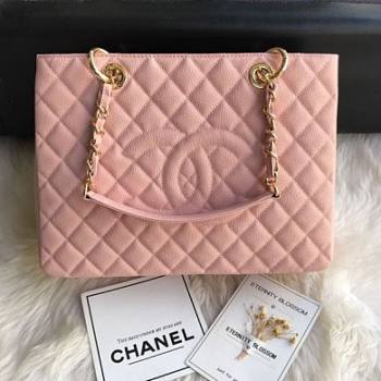 Chanel Shopping Bag 34 Pink Grained Calfskin Gold Chain