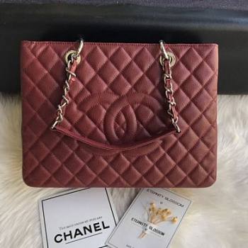 Chanel Shopping Bag 34 Wine Red Grained Calfskin Silver Chain