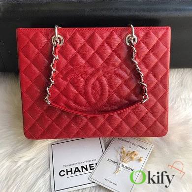 Chanel Shopping Bag 34 Red Grained Calfskin Silver Chain - 1