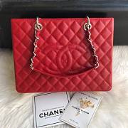 Chanel Shopping Bag 34 Red Grained Calfskin Silver Chain - 1