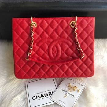 Chanel Shopping Bag 34 Red Grained Calfskin Gold Chain