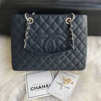 Chanel Shopping Bag 34 Navy Blue Grained Calfskin Silver Chain