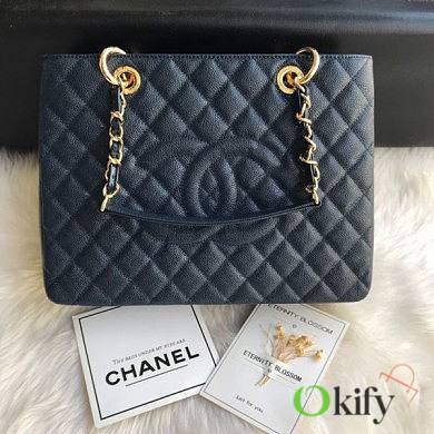 Chanel Shopping Bag 34 Navy Blue Grained Calfskin Gold Chain - 1