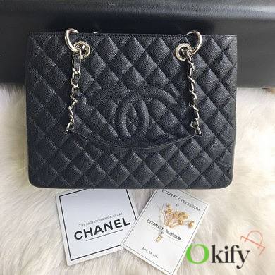 Chanel Shopping Bag 34 Black Grained Calfskin Silver Chain - 1