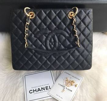 Chanel Shopping Bag 34 Black Grained Calfskin Gold Chain