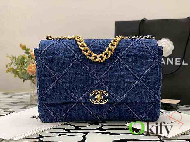 Chanel 19 Handbag 36 Dark Blue Denim Maxi - 1