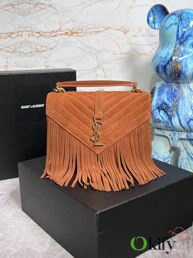 YSL College Medium Chain Bag 24 In Light Suede With Fringes Cinnamon  - 1