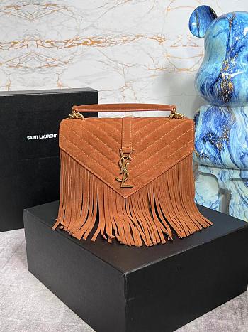 YSL College Medium Chain Bag 24 In Light Suede With Fringes Cinnamon 