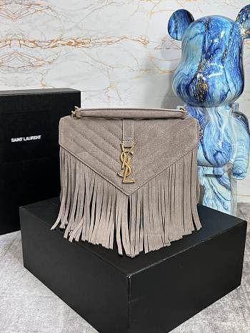 YSL College Medium Chain Bag 24 In Light Suede With Fringes Gray