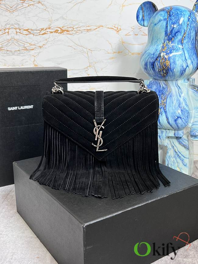 YSL College Medium Chain Bag 24 In Light Suede With Fringes Black - 1