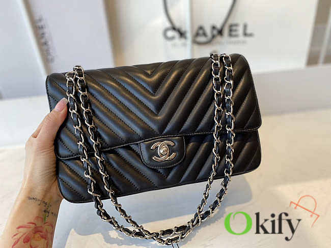 Chanel Flap Bag Medium 25 Chevron Lambskin Black/Silver - 1