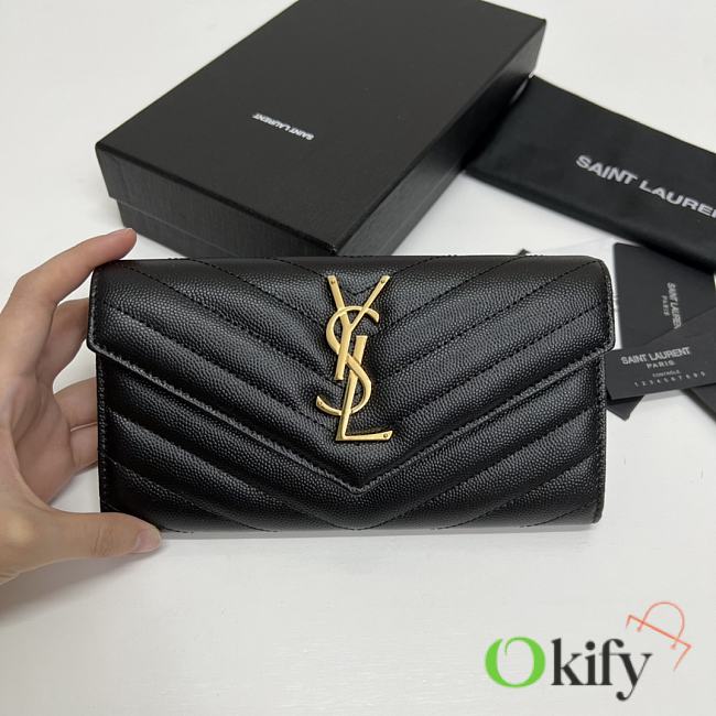 YSL Long Wallet Black Leather Gold Tone 10769 - 1