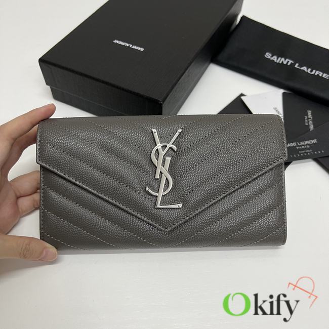YSL Long Wallet Gray Leather Silver Tone 10770 - 1
