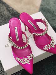 Manolo Blahnik Lurum Hot Pink Satin Crystal Embellished Mules - 5