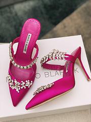 Manolo Blahnik Lurum Hot Pink Satin Crystal Embellished Mules - 2