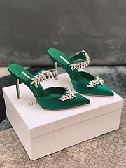 Manolo Blahnik Lurum Green Satin Crystal Embellished Mules - 1