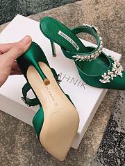 Manolo Blahnik Lurum Green Satin Crystal Embellished Mules - 4