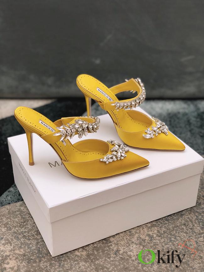 Manolo Blahnik Lurum Yellow Satin Crystal Embellished Mules - 1