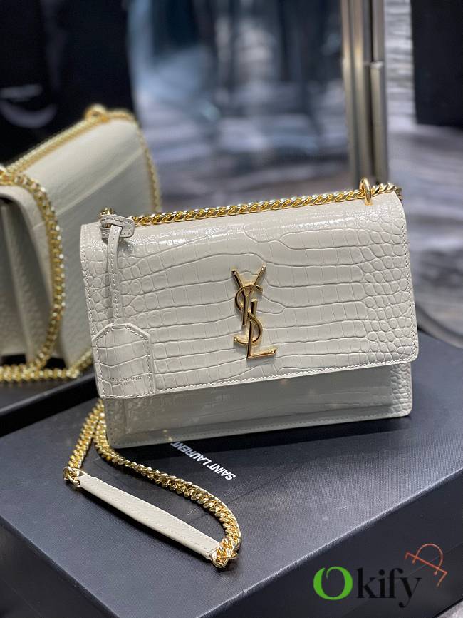 YSL Medium Sunset Bag 22 White Crocodile Pattern Gold Tone 422906 - 1