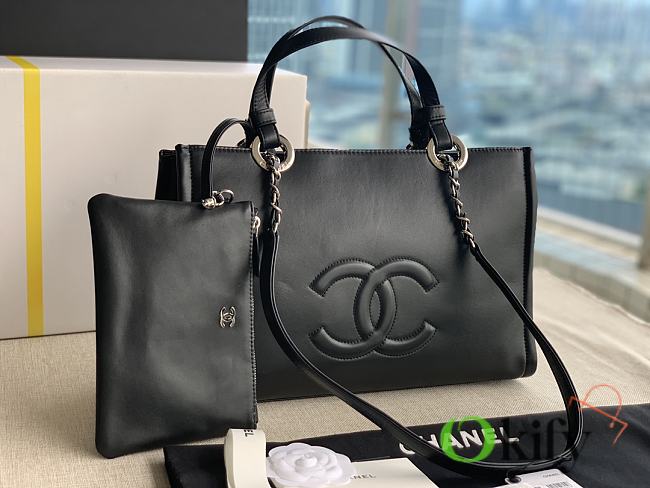 Chanel Small Shopping Bag 34 Black Leather Silver Hardware - 1