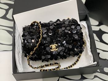 CC Black Sequin Small Flap Bag Gold Hardware