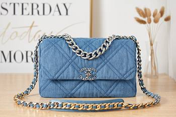 Chanel 19 Handbag Light Blue Denim 30 Jumbo 