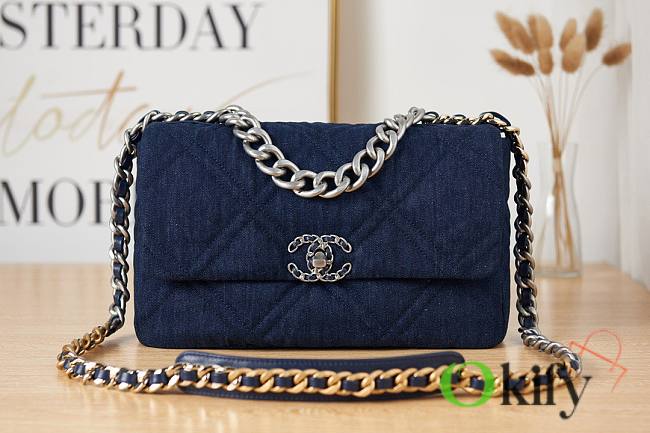 Chanel 19 Handbag Dark Blue Denim 30 Jumbo  - 1