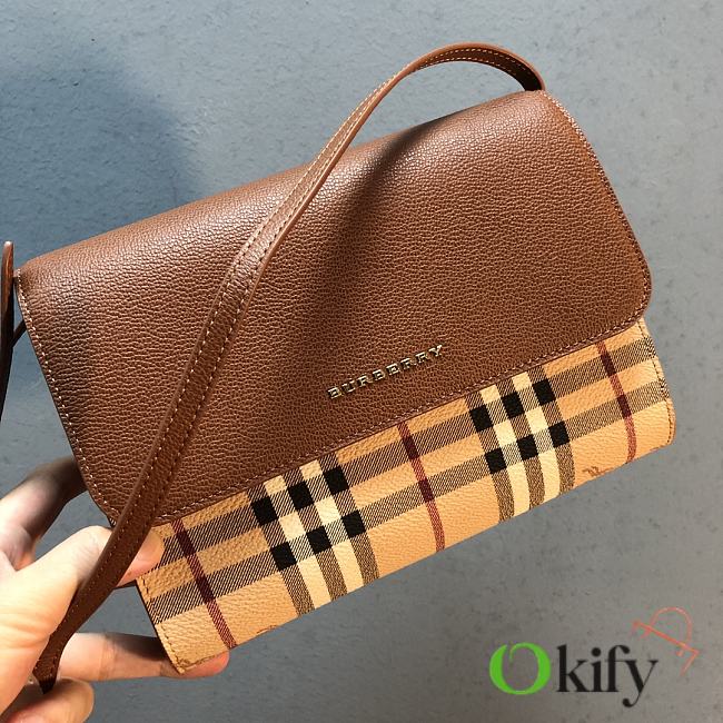 Burberry Check E-canvas and Brown Leather Crossbody Bag - 1