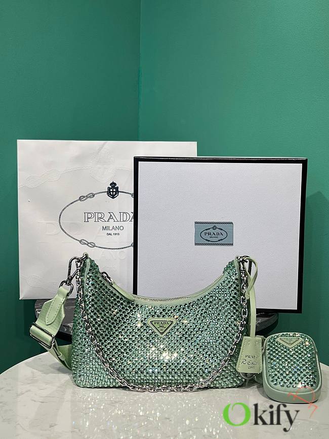 PRADA Re-Edition 2005 Satin Bag With Crystals Green - 1