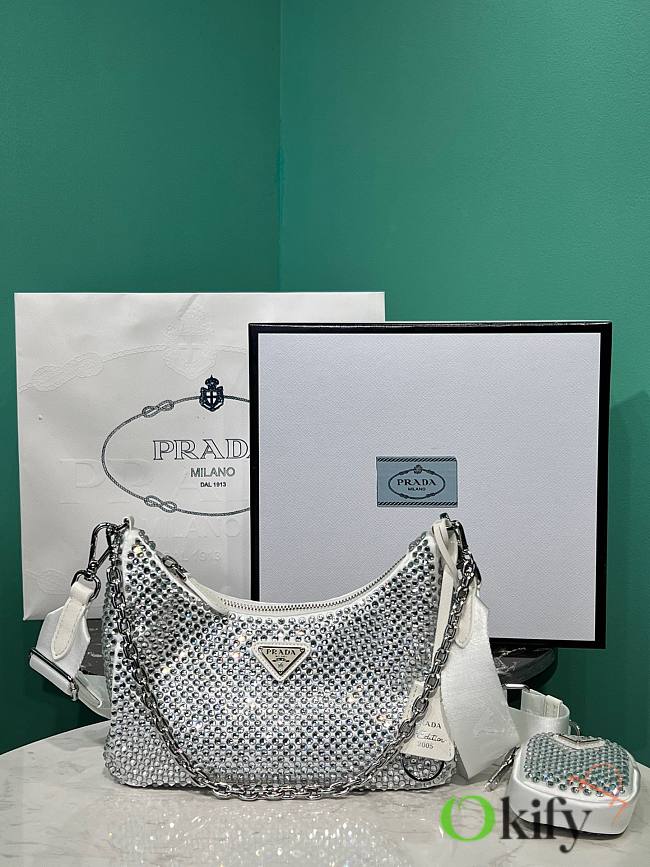 PRADA Re-Edition 2005 Satin Bag With Crystals White - 1