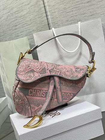 DIOR Saddle Bag Pink and Gray Toile de Jouy Sauvage Embroidery
