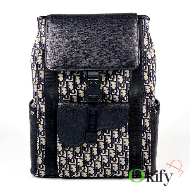 DIOR Essentials Saddle Backpack Beige and Black Dior Oblique Jacquard and Black Grained Calfskin - 1
