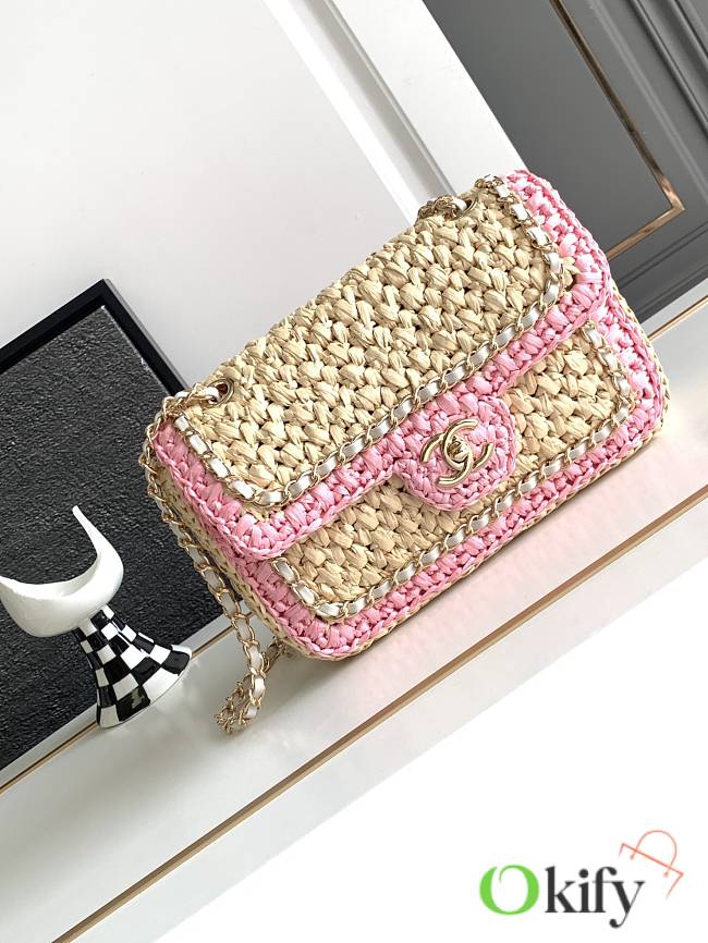 CC Beige/ Pink Raffia Small Flap Bag - 1