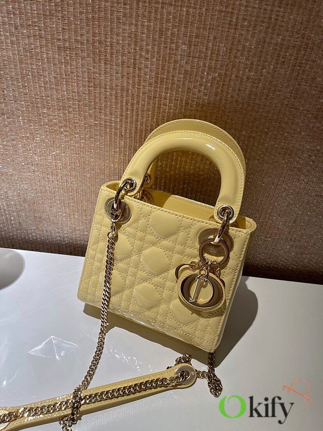 Okify Dior Mini Lady Bag Light Yellow Patent Cannage Calfskin 17cm - 1