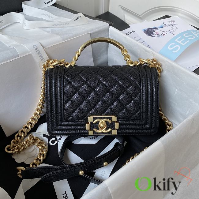 Okify CC Boy Flap Bag with Handle Grained Shiny Calfskin & Gold-Tone Metal Black 20cm - 1