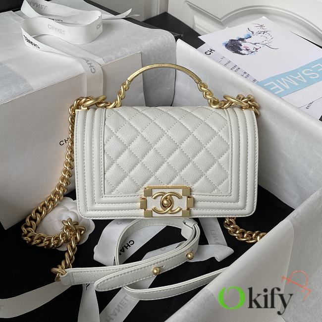 Okify CC Boy Flap Bag with Handle Grained Shiny Calfskin & Gold-Tone Metal White 20cm - 1