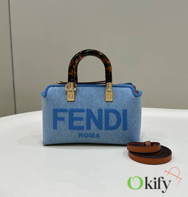 Okify Fendi By The Way Mini Light Blue Denim Small Boston Bag 20cm - 1