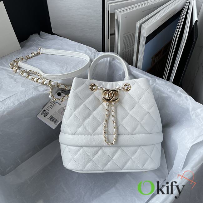 Okify CC Rolled Up Drawstring Bucket Bag White Caviar with Gold Hardware 20cm - 1