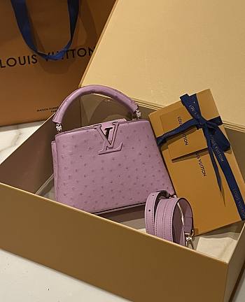 Okify LV Capucines Mini Bag Ostrich Leather Rose Calypso N81279