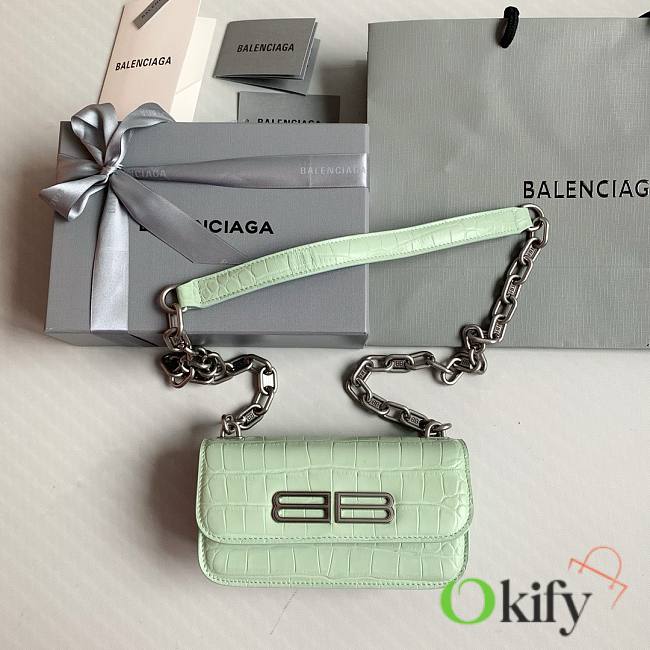 Okify Balenciaga Gossip XS Chain Shoulder Bag Crocodile Embossed in Light Green Silver Hardware - 1