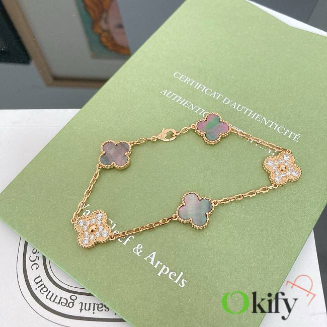 Okify VCA Vintage Alhambra Bracelet 5 Motifs Rose Gold Diamond Gray Mother Of Pearl - 1