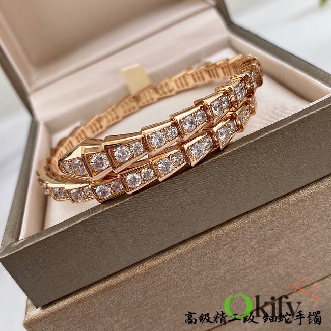 Okify Bvlgari Serpenti Viper One Coil Thin Bracelet 18 KT Rose Gold and Full Pave Diamonds - 1