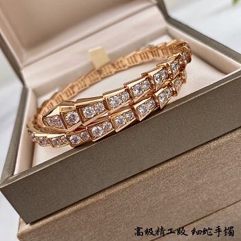 Okify Bvlgari Serpenti Viper One Coil Thin Bracelet 18 KT Rose Gold and Full Pave Diamonds