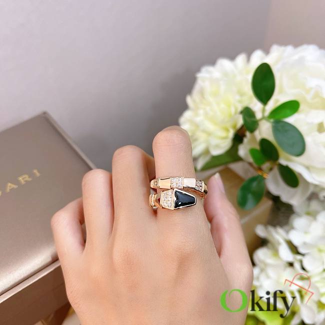 Okify Bvlgari Serpenti Viper One Coil Ring Rose Gold Black Onyx Elements Demi Pave Diamonds - 1