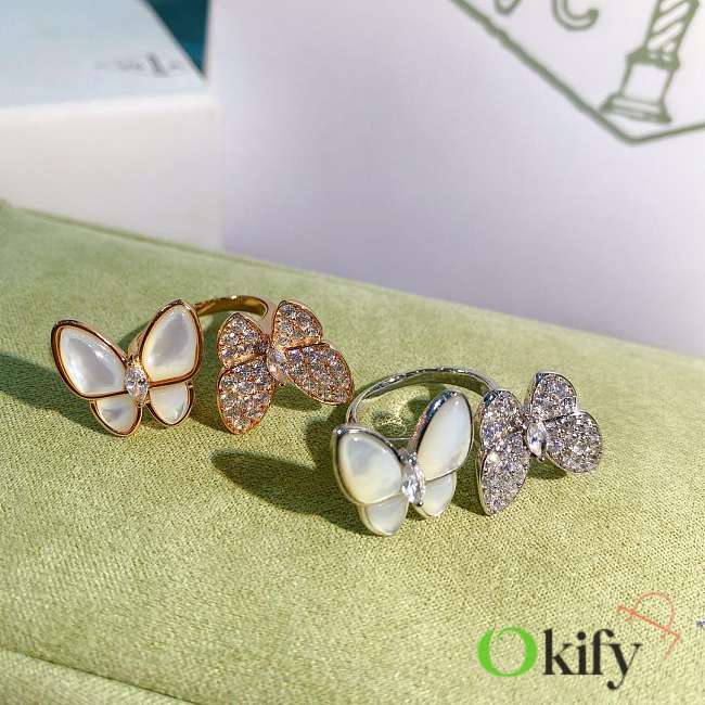 Okify VCA Two Butterfly Between The Finger Ring 18K Rose/ White Gold Diamond Mother Of Pearl - 1