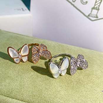 Okify VCA Two Butterfly Between The Finger Ring 18K Rose/ White Gold Diamond Mother Of Pearl