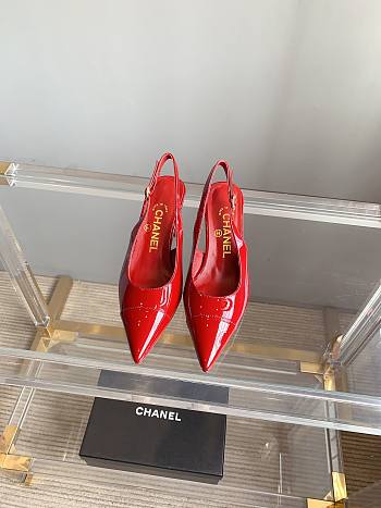 Okify Chanel Classic Sling Back Thick Heel Sandals Red