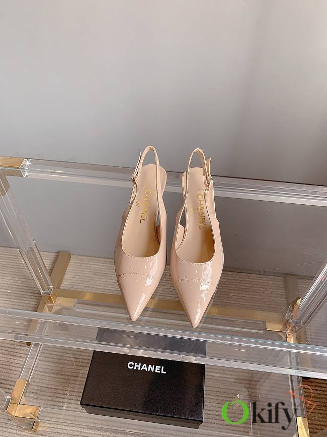 Okify Chanel Classic Sling Back Thick Heel Sandals Beige - 1